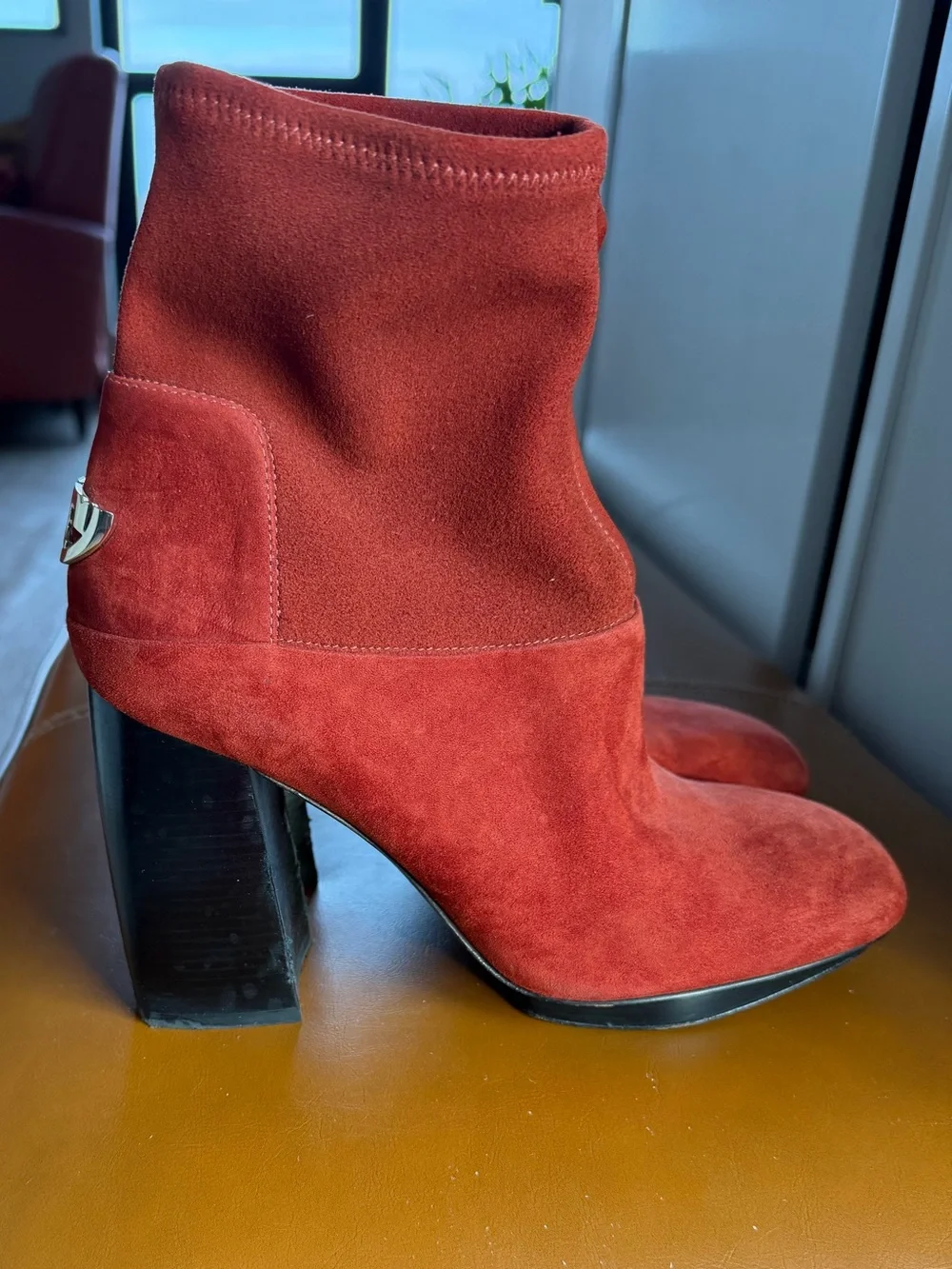 Tory Burch Red Suede Block Heel Ankle Boots with Logo Heel Accent